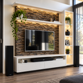 Maatwerk tv-meubel met karaktervolle houten wand