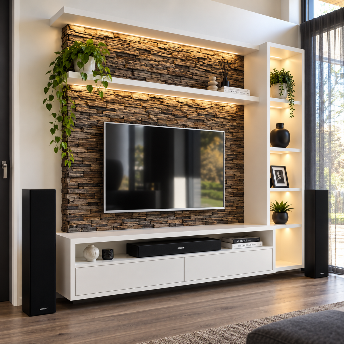 Maatwerk tv-meubel met karaktervolle houten wand